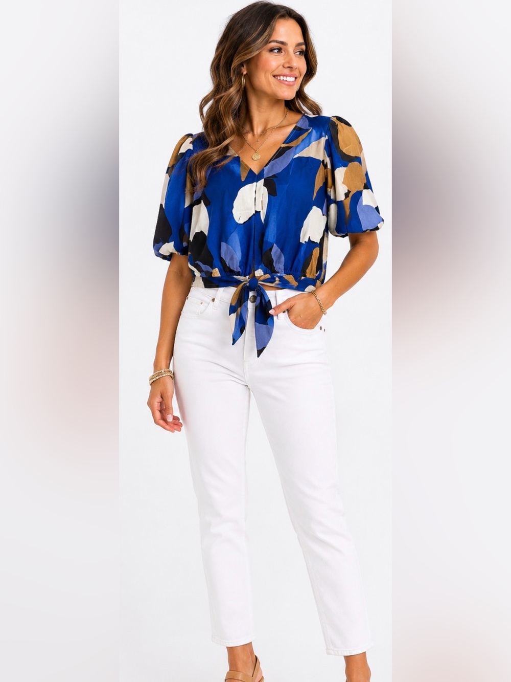 286 Nine West Blue Abstract Linen Blend Tie Front Blouse Puff Sleeve S